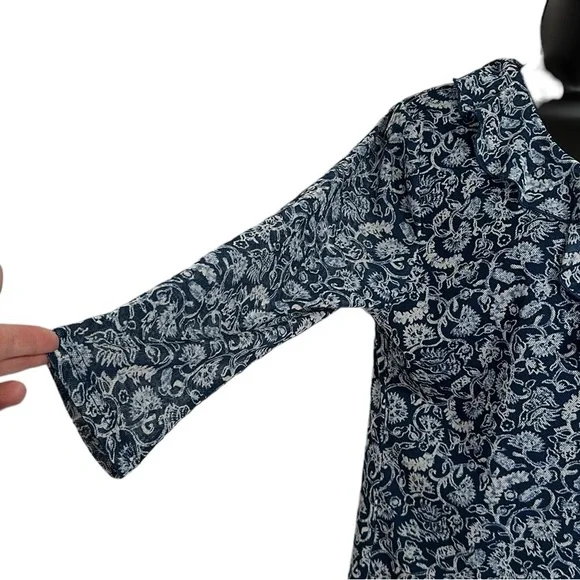 Chaps Denim Blue & White Paisley Ruffle Collar Lace-up neck 3/4 Sleeve Top Sz XL - Picture 4 of 9